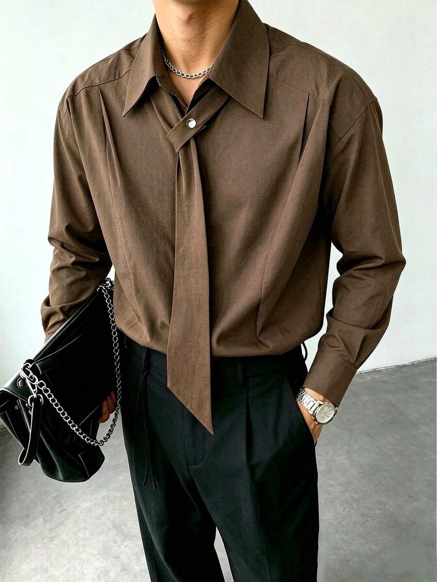 Resyla Men Men's Casual Commute Solid Color Tie Shirt - Brown - View 1
