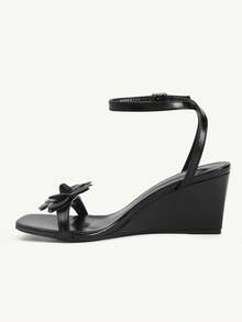 CUCCOO CHICEST Black Camellia Square Toe Wedge Heel Sandals Women's Summer Buckle Temperament Open-Toed High Heels - Black - View 5