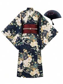 Irokai Japanese Traditional Kimono Deep Blue Floral Pattern Women's Modified Two Pieces Yukata Set - Multicolor - View 5