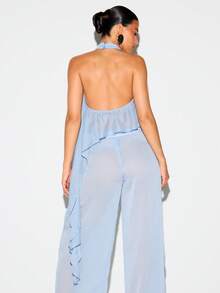 KIZN Chiffon-Crop-Top mit Neckholder, Rüschensaum, offenem Rücken, ärmellos, Bluse für Sommer, Strand, Urlaub, Party und Festival - Graublau - Übersicht 3