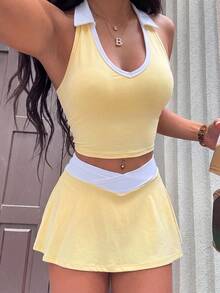 SHEIN Sports Women's Colorblock Lapel Tank Top And Asymmetric Waist Skirt Sports Set - Pale Yellow - View 4