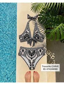 Travachic Women's Plus Size Halter Bikini Floral Print Top Triangle Bottom Set, Elastic Slim Fit Beachwear Summer Vacation Swimsuits Bathing Pink Leopard Print - Multicolor - View 9