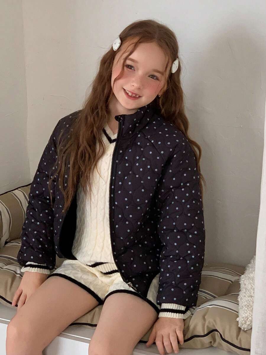 DAZY Tween Girls' Black And White Polka Dot Stand Collar Japanese-Korean Style Loose Thick Winter Coat Jacket Fall - Black - View 1
