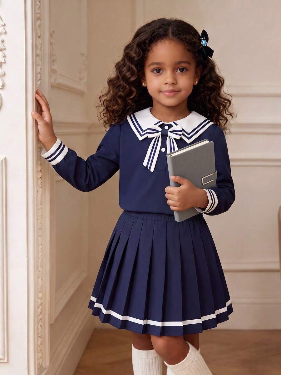 SHEIN Elladie kids 女童深藍色條紋領口兩件套 長袖領口上衣附蝴蝶結設計 搭配百褶迷你裙 秋季 7 歲生日禮物