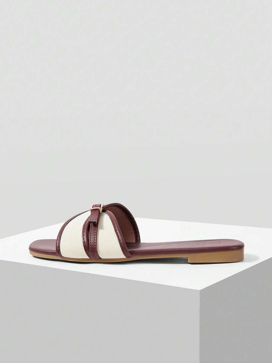 MOTF LADIES SWEET COLOR MATCHING BUCKLE COFFEE FLAT SANDALS - Coffee - View 2
