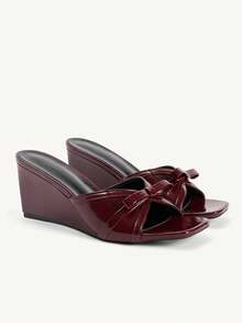 CUCCOO CHICEST Women's Shoes Three-Dimensional Bow Square Toe Wedge Heel Elegant Commuting Burgundy PU Leather Women's Wedge Heel Platform Sandals Dating Vacation - Burgundy - View 4