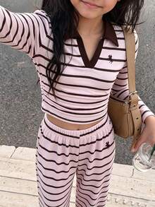女童休閒百搭修身短馬馬印花長袖針織T恤上衣 + 彈性直筒條紋長褲套裝，適合日常通勤、上學、運動穿著 - 粉色 - 查看 7