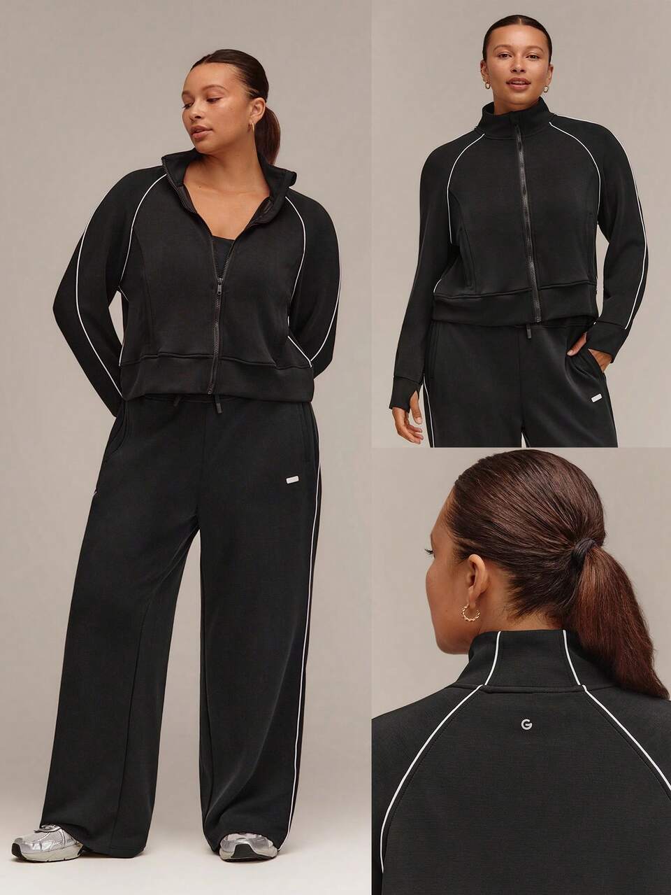 Plus Size SoftCalm Modal Contrast Piping Waist-Length Thumbholes Fitted Zip-Up Sweatshirt Daily Casual Wear Fall
