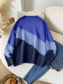 CosyJoli Plus Size Casual Cat Whisker Tassel Color Block Crew Neck Pullover Sweater Autumn Winter Clothes For Women - Blue - View 5