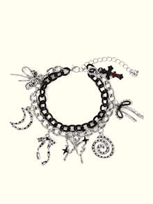 Popjeli 1 Dark Polka Dot Cross Butterfly Charm Bracelet, Bow Swirl Bow Bracelet - Silver - View 4