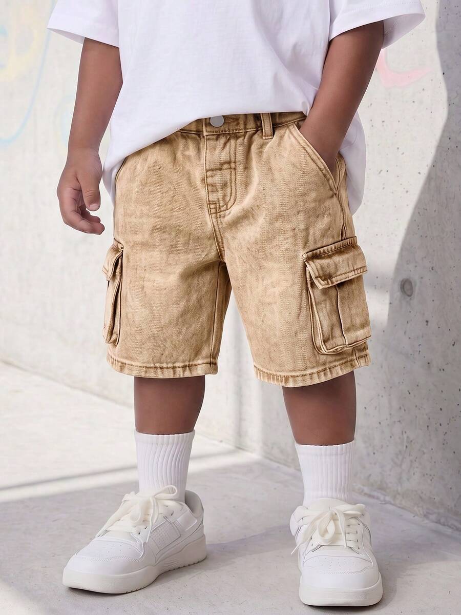 Summer Young Boy Denim Shorts, Washed Blue, Versatile Stylish Cargo Design With Large Pockets, Elastic Waist, Loose Straight Leg - Khaki - View 1