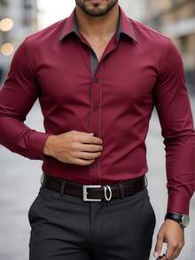 Manfinity Bizformal 男士休闲商务撞色纽扣长袖衬衫 酒红色男士衬衫 深红色衬衫 男士红色正装衬衫 商务休闲男士衬衫 栗色衬衫 正式衬衫 - 酒紅色 - 查看 4
