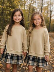 Emery Rose Kids Emery Rose Kids 女童拼接格紋可愛休閒春秋冬季運動衫洋裝 - 卡其色 - 查看 3