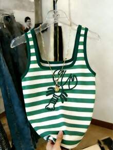 Resyla Women's Fitted Tank Top With Green & White Shrimp Print - Multicolor - View 5