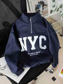 SHEIN 1件青少年女孩拉鍊半開式寬鬆落肩抓絨衛衣，大字母圖案印花，羅紋袖口與下擺，秋冬時尚休閒上衣 - 藏蓝色 - 查看 6