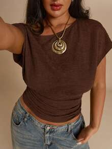SHEIN BAE CURVE Plus Size Women Solid Color Asymmetrical Shoulder Ruched Fitted Versatile Casual T-Shirt - Brown - View 7