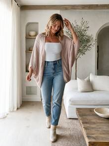 Zaforene Plus Size Women's Solid Color Casual Hollow Out Thin Cardigan, Autumn/Winter, Going Out Formal Vacation, Fall, Concert, Daily Wear Dusty Pink - Camel - View 7