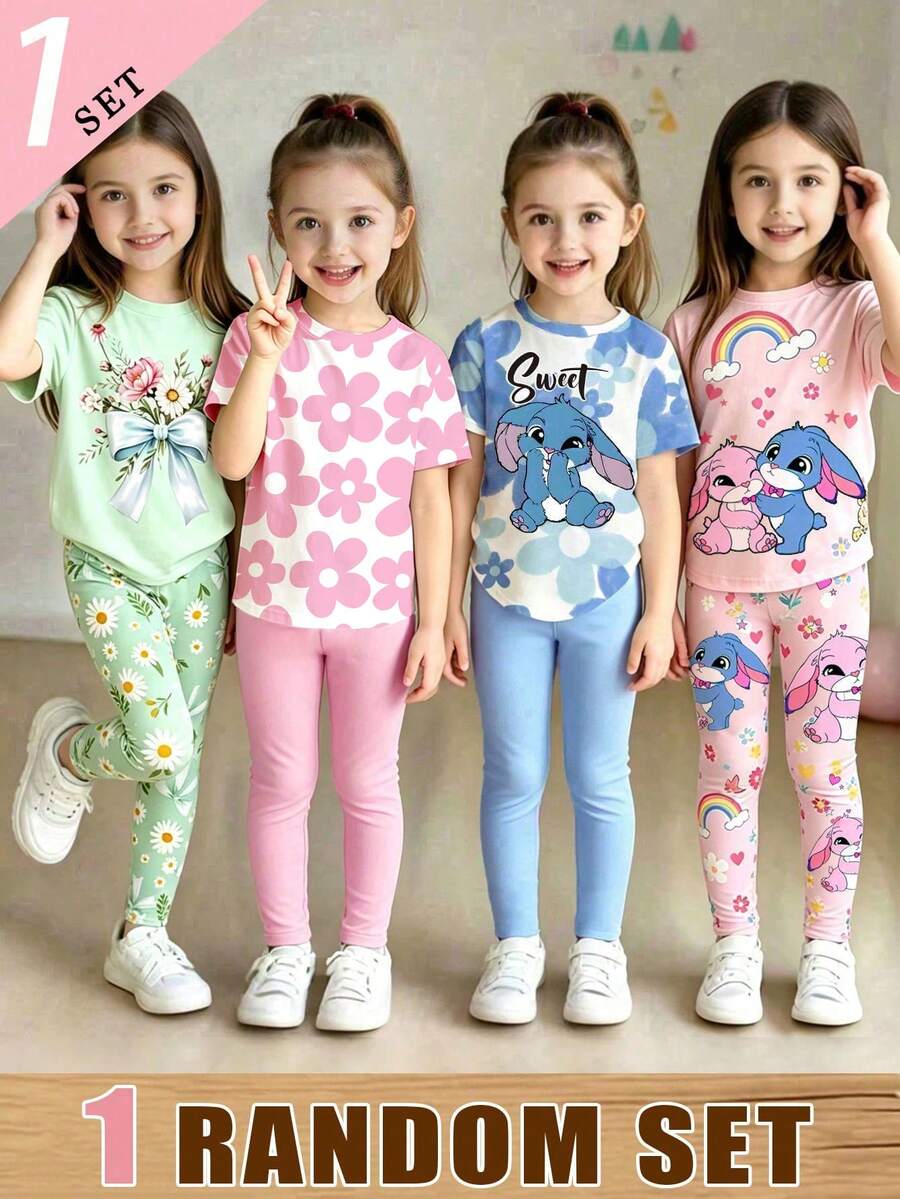 (1 RANDOM SET) Girls Cartoon Fresh Colorful Flower Blue & White Rabbit Rainbow Print Basic Short Sleeve T-Shirt & Leggings Set, Daily Wear - Multicolor - View 1