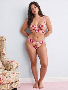 Elorette Set Lingerie Ukuran Plus 2 Buah dengan Kawat Penyangga, Bordir Jala, Patchwork, Motif Bunga, Cup Segitiga, Nuansa Romantis Pedesaan - Berwarna merah muda - View 3