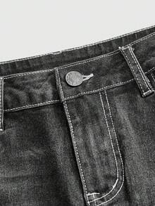 ROMWE Rok Denim Wanita Model Y2K Vintage Washed Ultra Low Waist dengan Ujung Berumbai dan Desain Renda Kontras - Hitam - View 3
