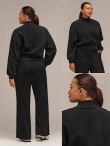 GLOWMODE Plus Size SoftCalm Modal Curved Bubble Hem Oversized Waist Length Pullover Sweatshirt With Ribbed Cuffs & High Neck Daily Casual Wear Fall - Chocolate Brown - View 8