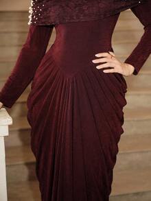 Anewsta Affair Gaun Malam Mewah Wanita Elegan Berwarna Burgundy dengan Hiasan Renda dan Patchwork untuk Acara Pernikahan dan Pesta. - Burgundy - View 6