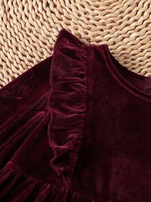 Young Girl Young Girl Solid Color Soft Knit Round Neck Ruffle Long Sleeve Waist-Cinching Dress - Burgundy - View 7