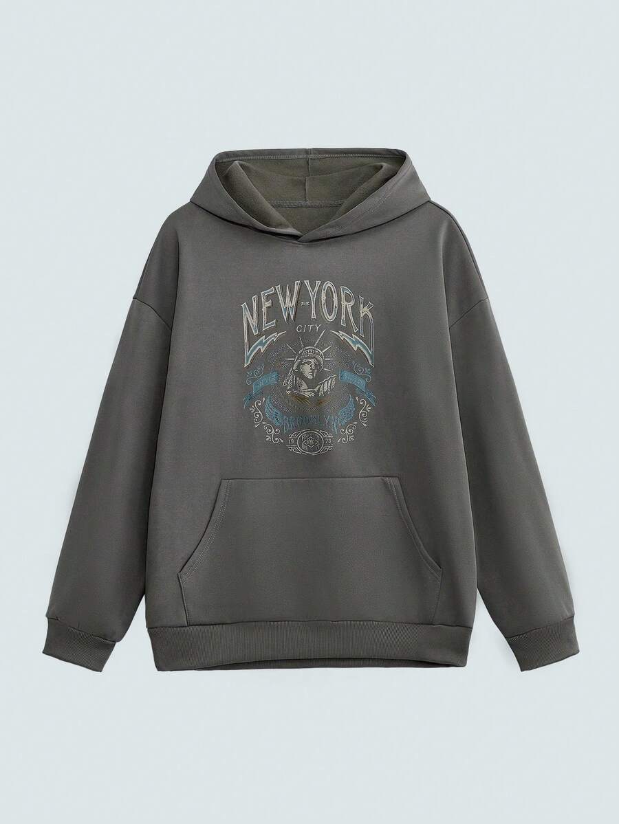 Modcrash Men's Plus Size Vintage Printed Casual Sweatshirt, Autumn/Winter, 2000s Style, Long Sleeve Top - Dark Grey - View 1