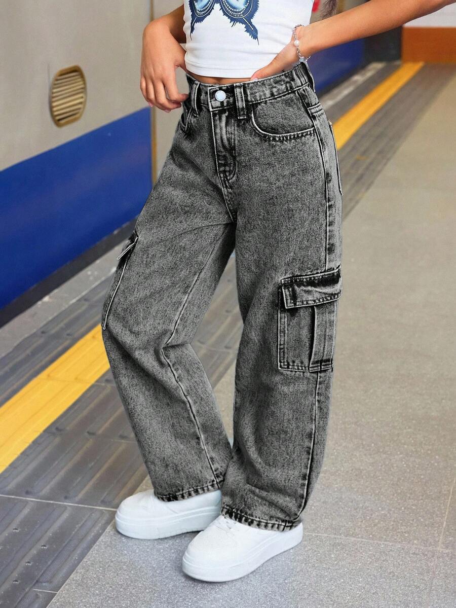 SHEIN Tween Girl Casual Baggy Denim Jeans With Flap Pockets And Contrast Stitching Details Straight Leg Cargo Jeans, For Spring And Summer Fall Winter - Black - View 1