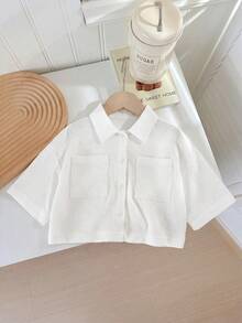 SHEIN LMoss Kids LMoss 女孩編織素色寬鬆短版休閒襯衫 - 白色 - 查看 7