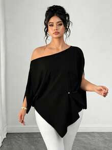 Elenzga Plus Size Solid Color Asymmetric Hem Loose Fit Blouse - Black - View 3