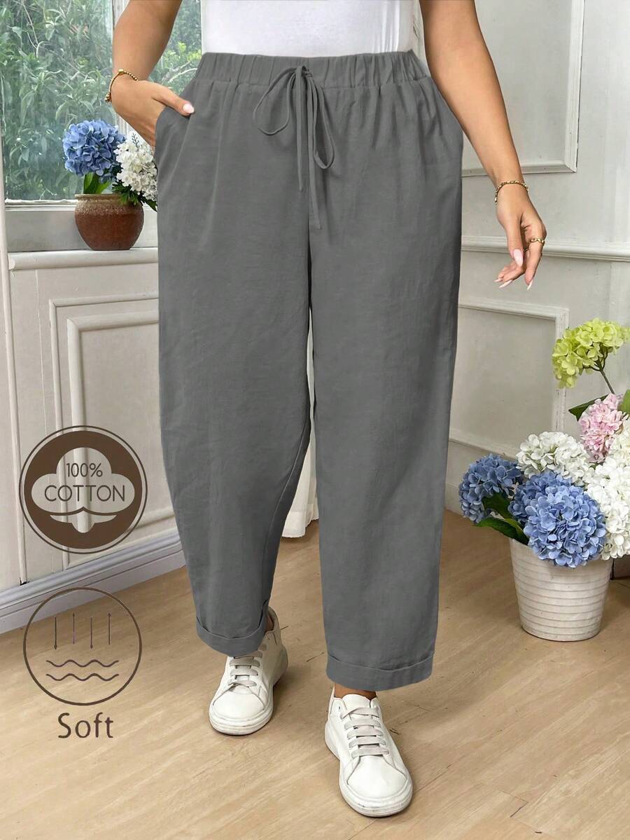 EMERY ROSE Plus Size Women Cotton Solid Color Drawstring Waist Pockets Loose Pants Fall - Light Grey - View 1