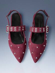 CUCCOO GRLICON Burgundy Velvet Pointed Rivets Rear Strap Flat-Soled Shoes Women's Retro Versatile And Thin Mary Jane Shoes Fall Shoes - Burgundy - View 6