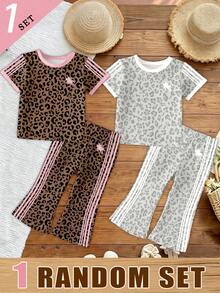 (1 RANDOM SET) Girls Cute Fresh Minimalist Blue Leopard Print Heart Pattern Basic Short T-Shirt And Flared Pants Set, Comfortable Daily Wear - Multicolor - View 3