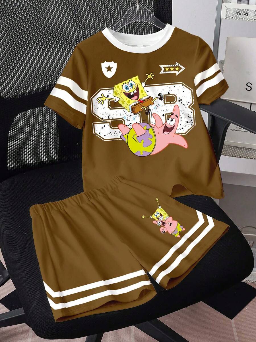 SpongeBob SquarePants | SHEIN 小男孩圓領短袖T恤與短褲休閒套裝 - 白色 - 查看 1
