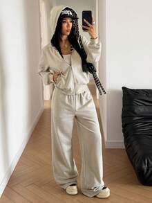 StreetHx Autumn/Winter Minimalist Casual Grey & Leopard Print Loose Hooded Open Front Sweatshirt & Loose Straight Leg Pants Women 2 Pieces Set - Light Grey - View 1