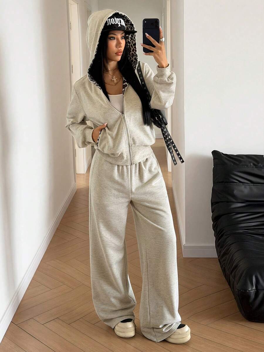 StreetHx Autumn/Winter Minimalist Casual Grey & Leopard Print Loose Hooded Open Front Sweatshirt & Loose Straight Leg Pants Women 2 Pieces Set - Light Grey - View 1