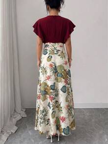 Elenzga Women's Spring/Summer Exquisite Elegant Tropical Commuter Burgundy Pleated Flutter Sleeve Fitted Slim Fit Flared Long Dress Vacation - Burgundy - View 2