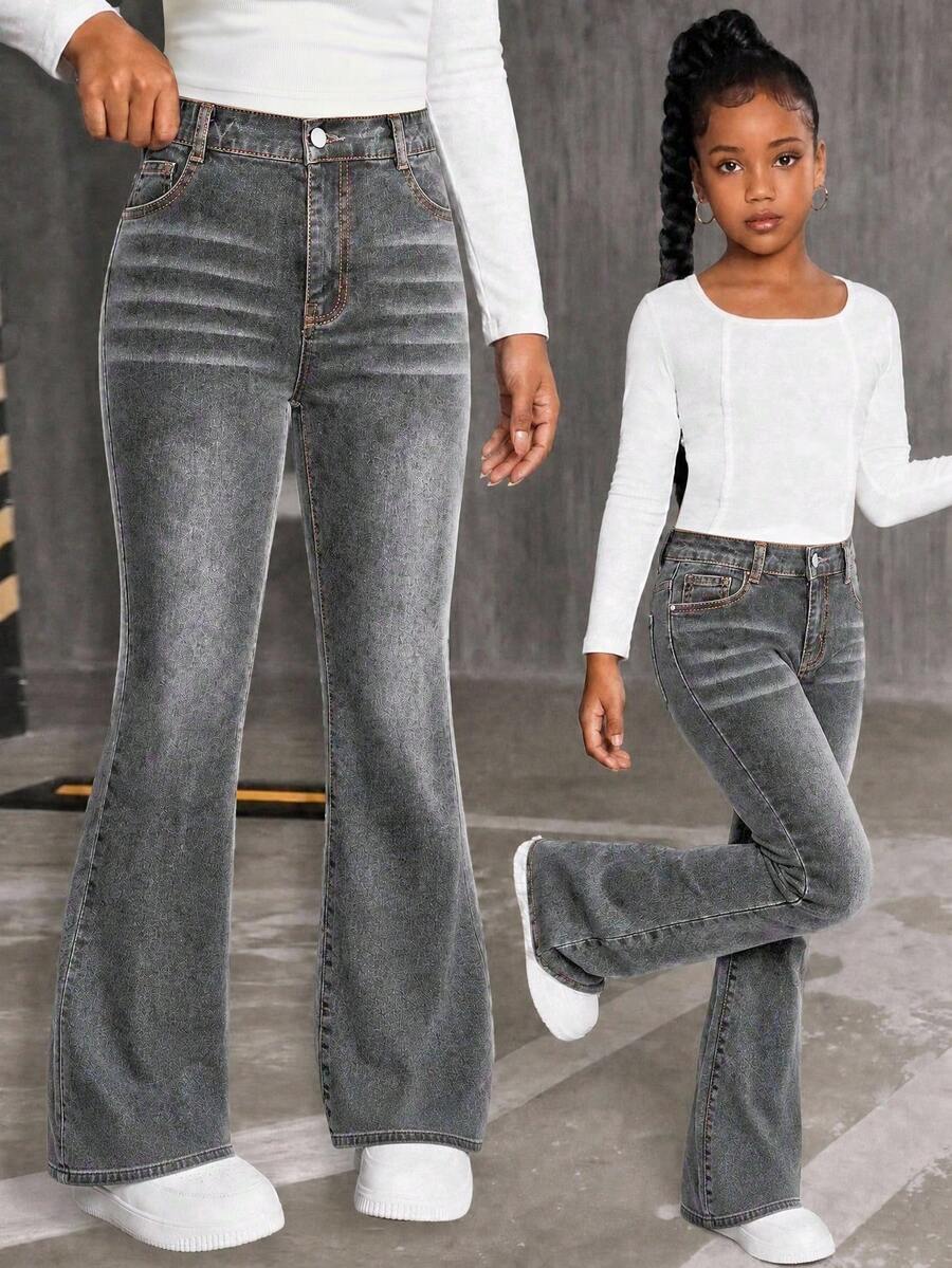 SHEIN 女童牛仔褲 夏季新品 全季穿搭淺灰色 Y2K街頭風 夏季度假旅行款 破洞磨損復古水洗工藝 高腰喇叭褲腳 舒適優質棉彈力牛仔布 日常上學通勤聚會 夏季音樂節 多場景百搭 時尚新風格 - 灰色 - 查看 1