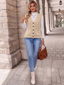 EMERY ROSE Women's V-Neck Single Breasted Pocketed Sleeveless Textured Loose Fit Sweater Vest For Daily - Apricot - View 5