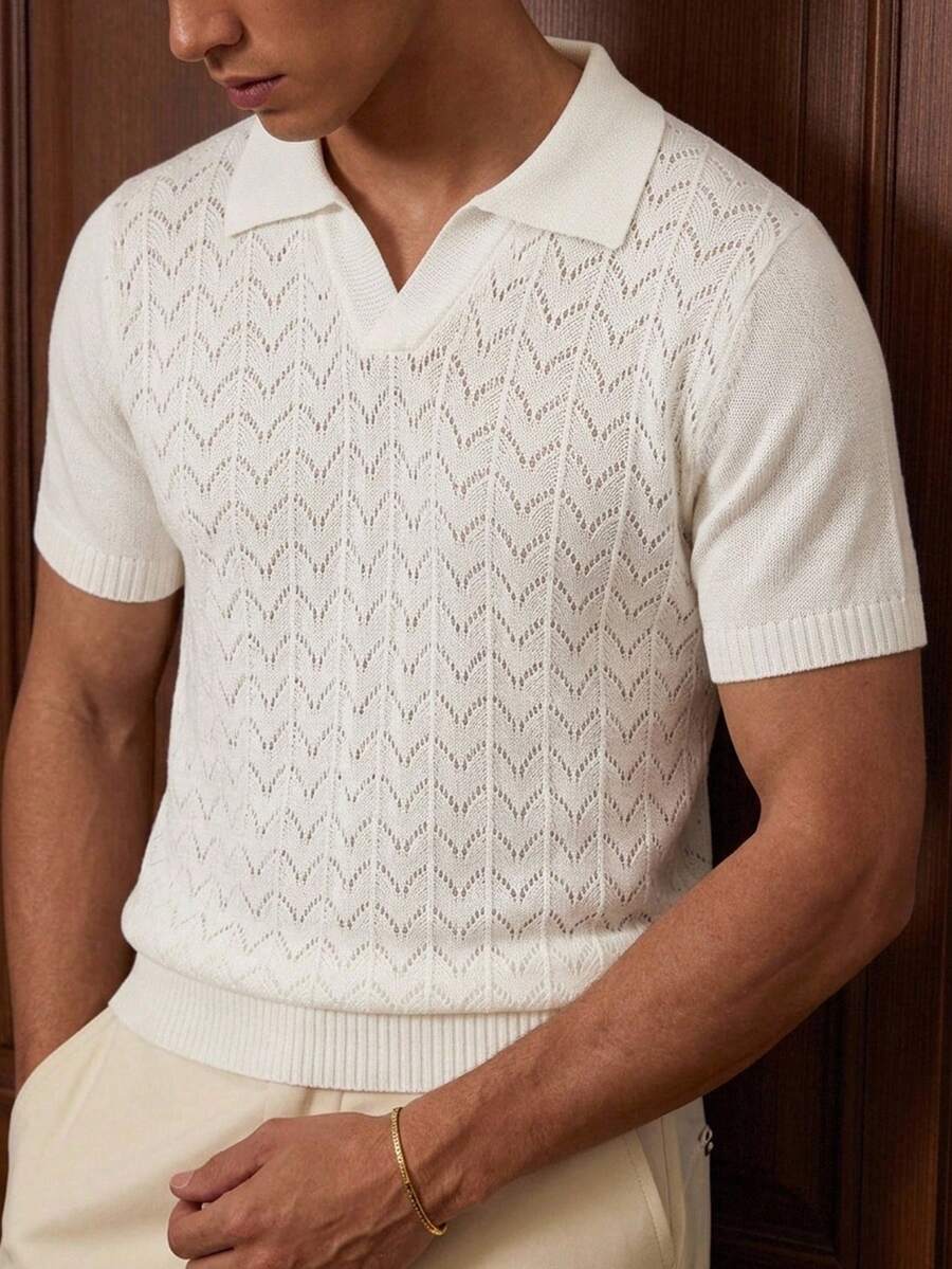 HIMLAND New Men's Hollow V-Neck Short Sleeve Knit Pullover Old Money Style Commute Versatile - White - View 1