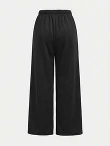 SHEIN Celana Panjang Olahraga Lurus Longgar dengan Tali Serut, Bahan Beludru Tebal, Bahan Plus untuk Musim Gugur dan Musim Dingin, Motif Bunga Abu-abu, Celana Olahraga Kasual untuk Sehari-hari - Hitam - View 7