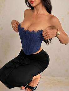 SHEIN PETITE 女款蕾絲飾邊修身百搭日常出遊抹胸上衣 - 藏蓝色 - 查看 5