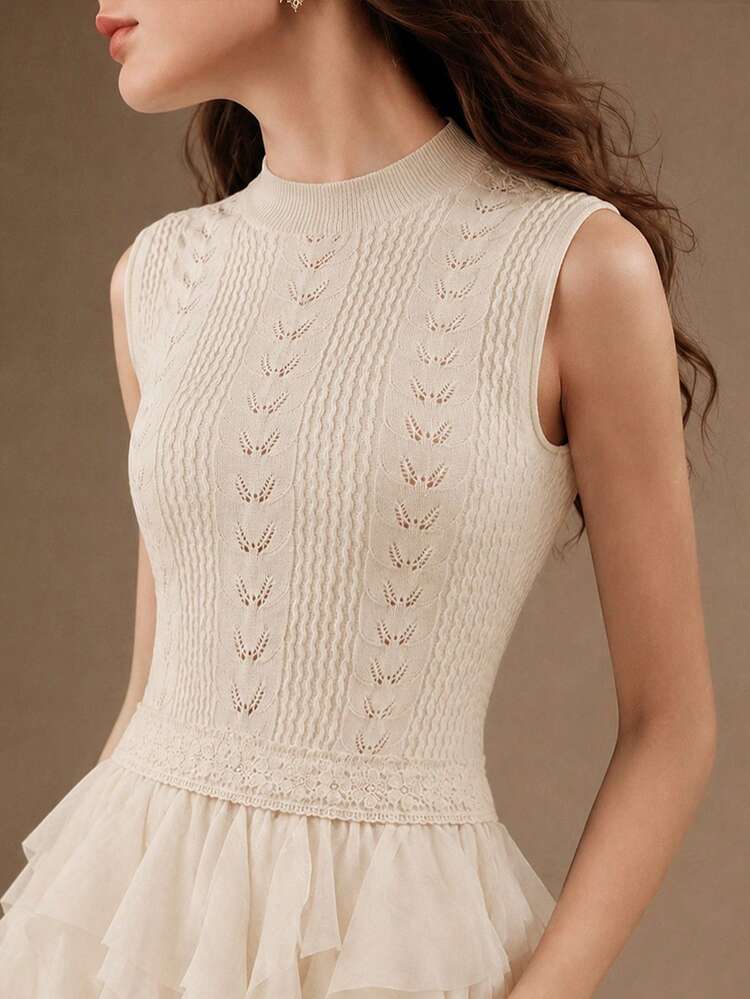 Anewsta Women's New Sleeveless Knit Crochet Patchwork Multi-Layer Ruffle Hem Romantic Elegant Long Dress - Beige - View 6