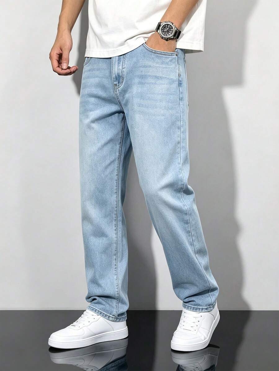 Manfinity Denimwave 男士復古淺藍色水洗寬腿牛仔褲,經典中腰無彈力牛仔長褲,復古磨損貓鬚直筒牛仔褲,休閒街頭風 - 藍色 - 查看 1