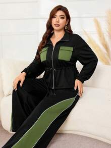 Modelyn Jaket Kasual Ukuran Besar dengan Desain Blok Warna, Resleting, Lengan Panjang, Pinggang Terikat, Potongan Longgar, Potongan Reguler untuk Musim Gugur/Musim Dingin, Liburan Keluarga, dan Mendaki. - MultiWarna - View 6