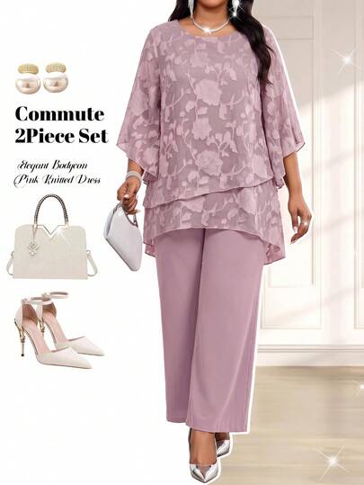Fleurora Plus Size Women's Floral Print 3/4 Sleeve Blouse And Pants Elegant Casual 2 Pieces Set Office Formal Club Maroon Burgundy Autumn