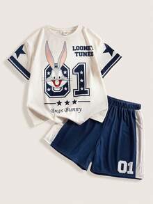 LOONEY TUNES X SHEIN Conjunto de camiseta de manga corta y pantalones cortos con estampado de conejo y números para niñas preadolescentes de verano - Multicolor - Ver 1