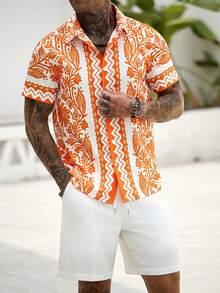 Manfinity Homme Plus Size Men's Vacation Floral Print Single-Breasted Shirt And Drawstring Waist Cargo Shorts Set - Multicolor - View 3