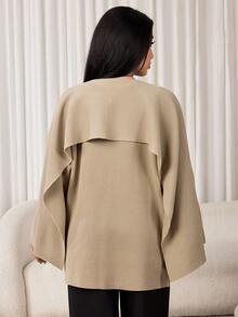 Veilorie Women's Solid Color Asymmetrical Shawl And Sweater Elegant Set - Khaki - View 2